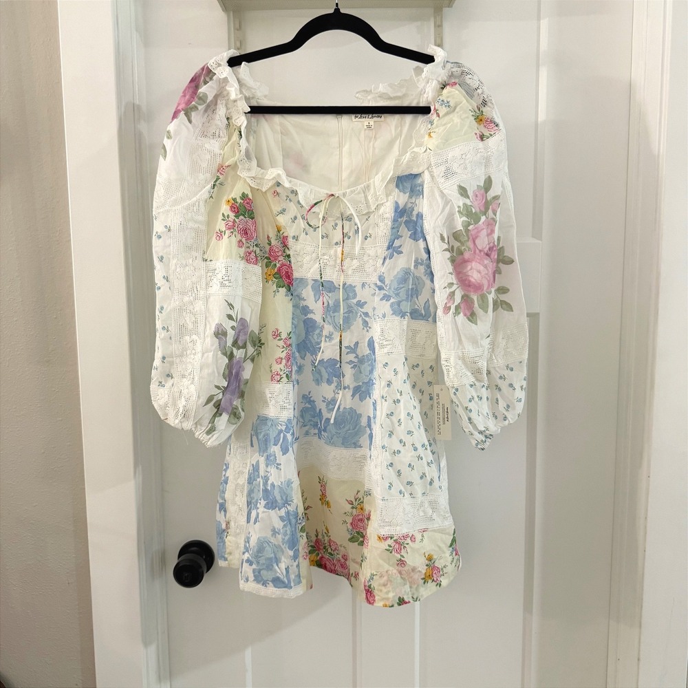 For Love & Lemons Evelina Floral Patchwork Mini Dress Lace Puff NWT Cottageore S